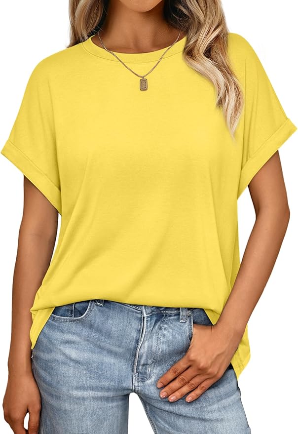 AUTOMET Women's Oversized Short Sleeve T Shirts Casual Drop Shoulder Rolled Cuff Summer Tops for Work, Travel and Lounge
