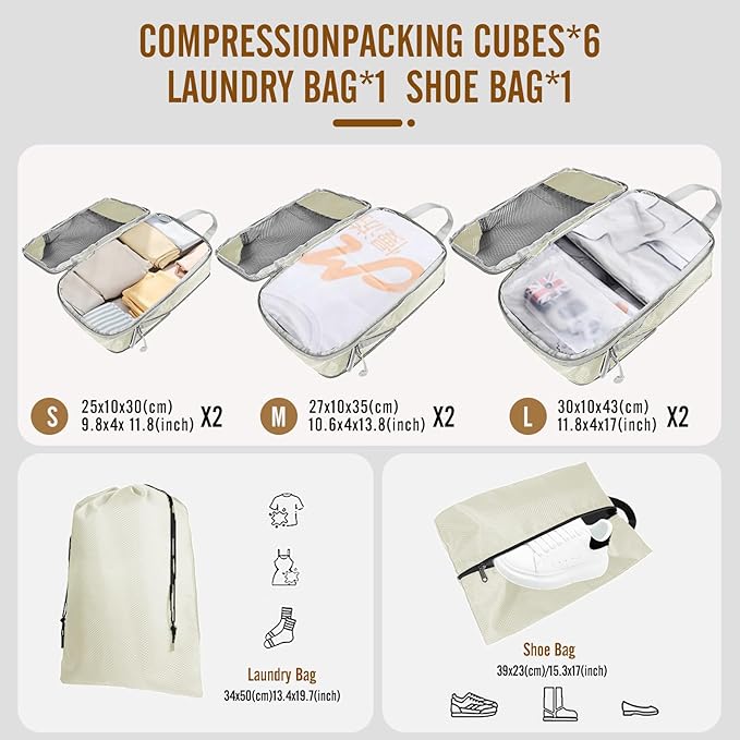 8 Set Compression Packing Cubes for Travel, Expandable Luggage Organizer with Shoe Bag & Laundry Bag - Lightweight Suitcase & Backpack Travel Essentials (Beige)