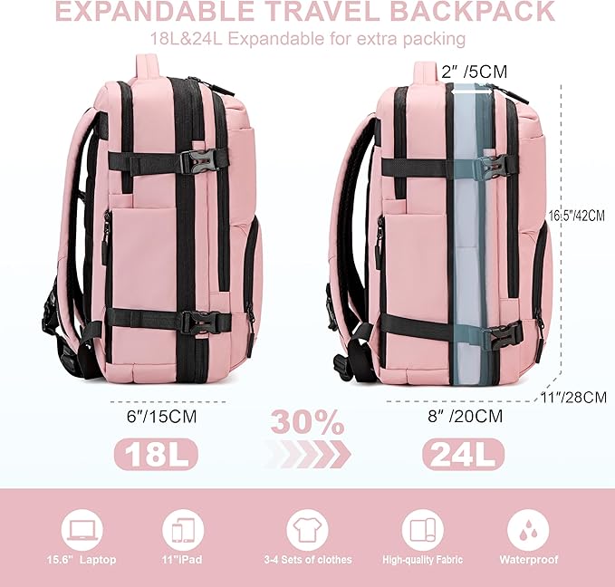 BAGOK Carry On Travel Backpack, Expandable Extra Large Airline Approved,Lightweight Daypack for Men and Women（Pink）