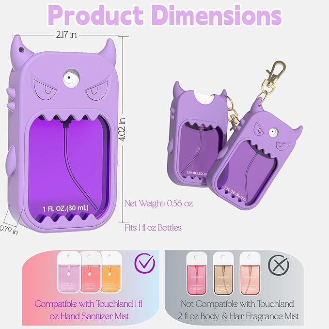 Hand Sanitizer Case Compatible with Touchland 1 Fl Oz, Cute Monster Silicone Spray Holder with Keychain for Bags, Purple