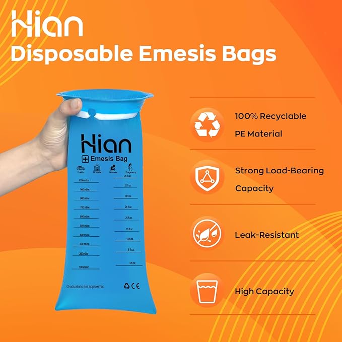 Hion Vomit Bags Disposable – 200 Pack 1000ml Emesis Bags – Leak Resistant, Medical Grade, Portable – Perfect for Motion, Car & Aircraft Sickness, Pregnant Women