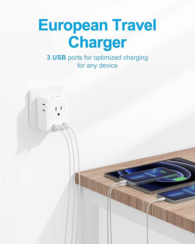 2 Pack European Travel Plug Adapter, Olcorife Foldable International Power Adapter with 4 Outlets 3 USB Ports, Type C Plug Adapter for US to Europe, Italy Spain Iceland France Germany