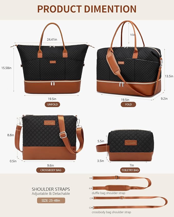 Travel Bag for Women, Weekender Bags Large Carry On Overnight Bag Duffel with Separate Shoes Compartment & Strap, Hospital Bags for Labor and Delivery, Black Brown