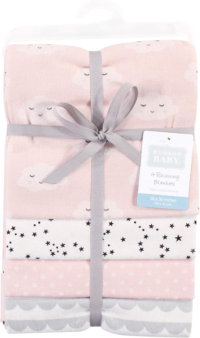 Hudson Baby Unisex Baby Cotton Flannel Receiving Blankets, Pink Clouds, One Size