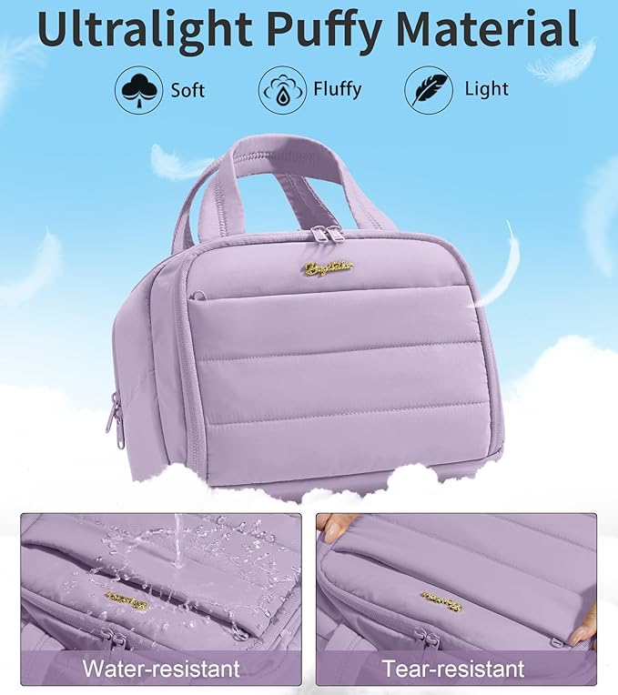 Bagstellar Travel Toiletry Bag for Women, Lightweight Large Quilted Puffy Makeup Bag Wide-open Make up Organizer Cloud Cosmetic Bag w/Handle for Traveling, Toiletries, Essentials Accessories Lavender