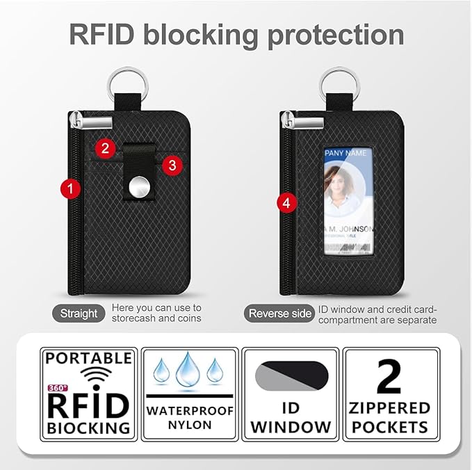 Minimalist RFID Blocking Small Wallet with ID Window,WaterResistant Zip Id Case Wallet with Lanyard Keychain for Cards,Cash,Travel,Women,Men (Black)