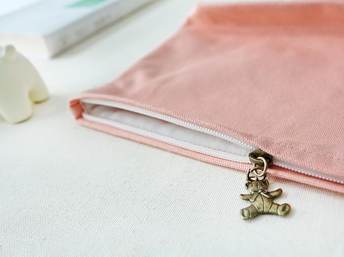 HAPPYHEIDI Canvas Pouch for Travel, Cosmetic Case, Solid Pink, Cotton Blend, Zipper Closure, 7.1x2.4x7 Inches