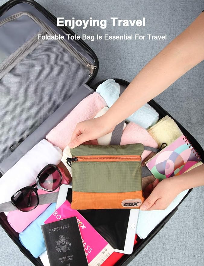 GOX Packable Tote Bag – Under Seat Airline Personal Item, Lightweight Foldable Travel Duffel 28L, Nylon Shoulder Bag for Women Men, Carry-on Weekender for Plane Gym (Green&Orange)