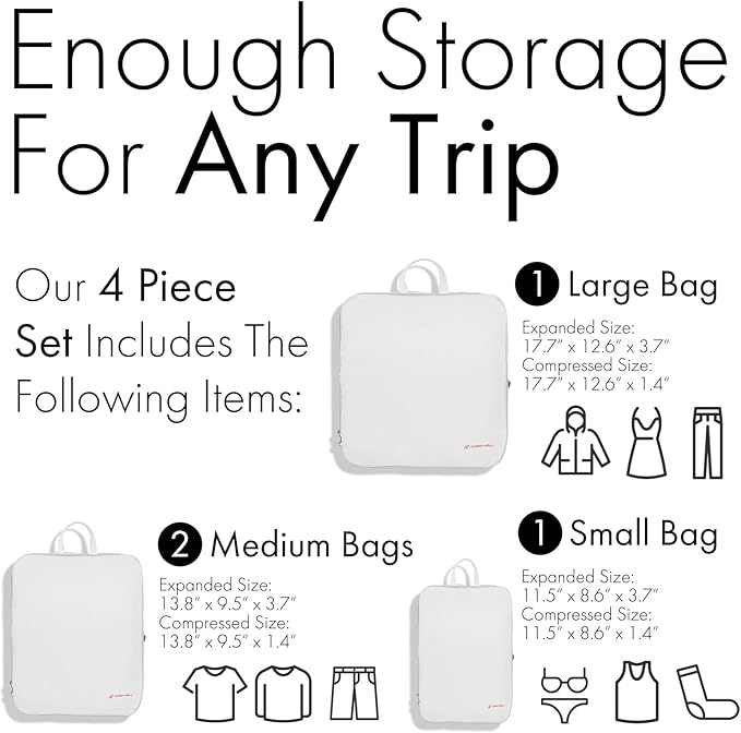 (Not Made In China) Compression Packing Cubes For Travel, Suitcase and Luggage Space Saver Organizer Bags, Lightweight, Waterproof Nylon, Durable, 4pc Set, White