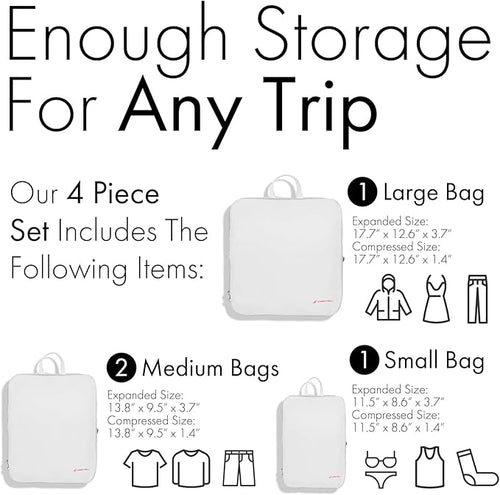 (Not Made In China) Compression Packing Cubes For Travel, Suitcase and Luggage Space Saver Organizer Bags, Lightweight, Waterproof Nylon, Durable, 4pc Set, White