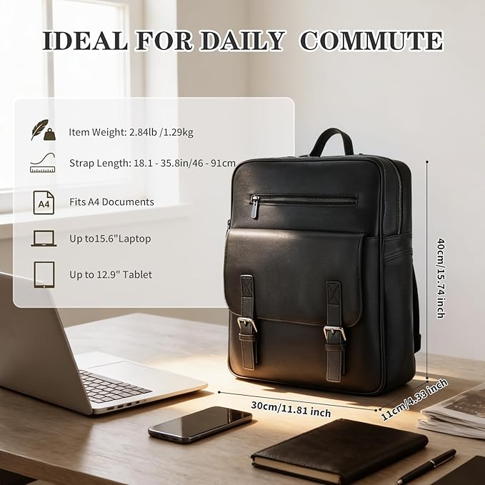BBMars Smart Anti-Theft Backpack: Biometric Lock, Support Find My (iOS Only), Luxury Black Leather 15.6" Laptop Executive Bag for Men, Business Travel Daypack