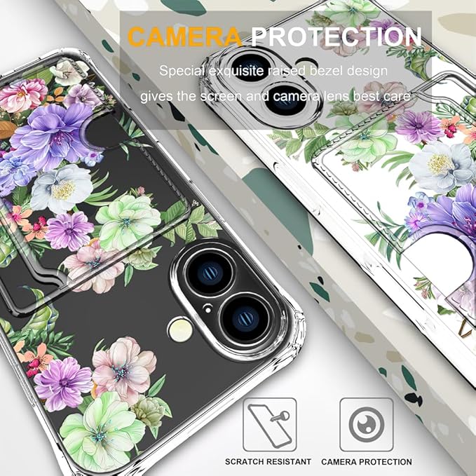 Compatible with iPhone 16 Plus Case Card Holder for Women Cute Design,Wallet Phone Cases Transparent Cool Kawaii Protective (Clear Impressive Flowers)