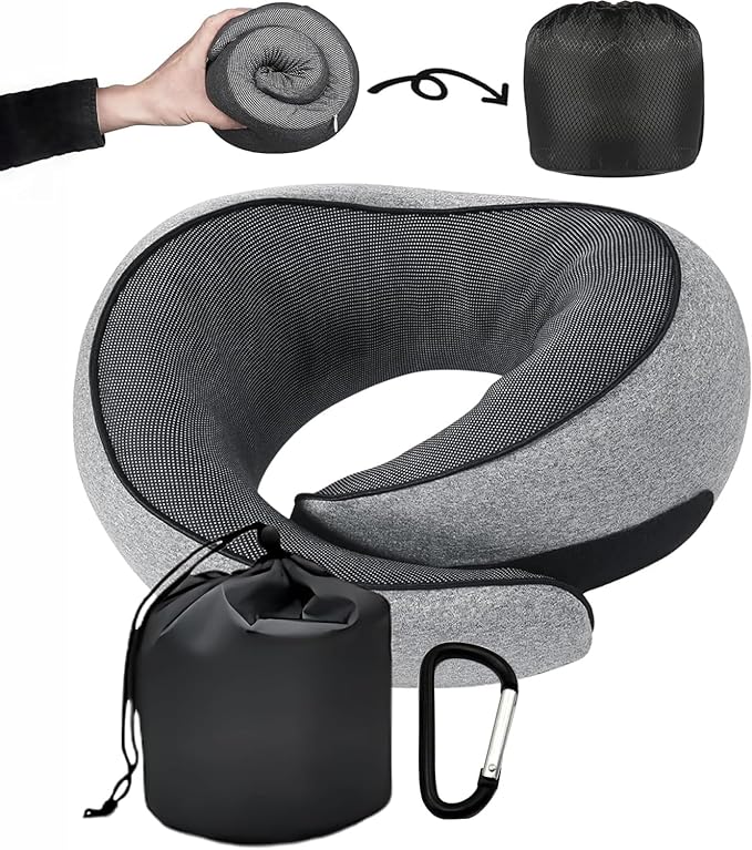 SZXYX Neck Travel Pillows for Airplanes, 100% Pure Memory Foam Neck Pillow for Airplanes, Comfortable Breathable Cover, 360° Support Stowable Pillows for Sleeping, Car, Airport Travel Essentials L