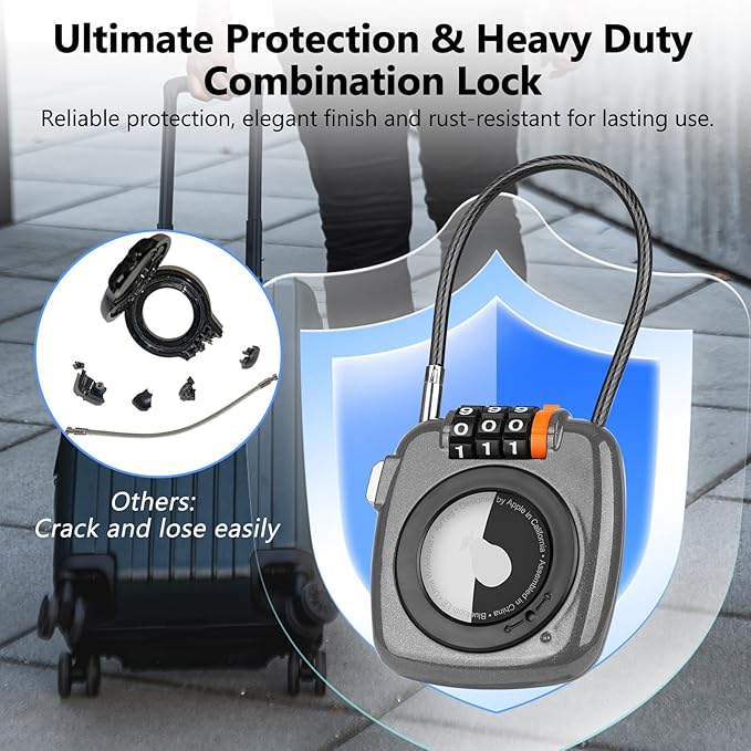 Compatible with Apple AirTag Secure Lock with Wire Cable, 3-Digit Combination Luggage Locks, Alloy Body Ultra Durable Anti-Lost Protective Case for Luggage, Suitcase (Grey*2)