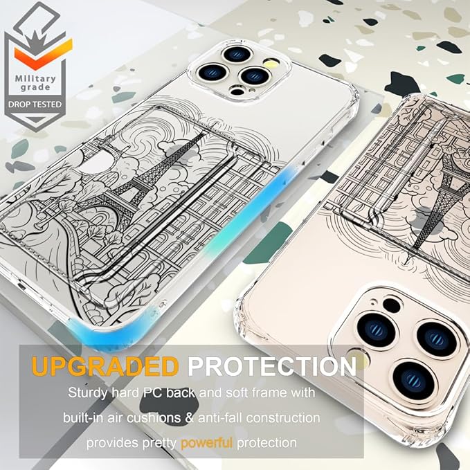 Compatible with iPhone 16 Pro Case Card Holder for Women Cute Design,Wallet Phone Cases Transparent Cool Kawaii Protective (Clear Paris City Eiffel Tower)