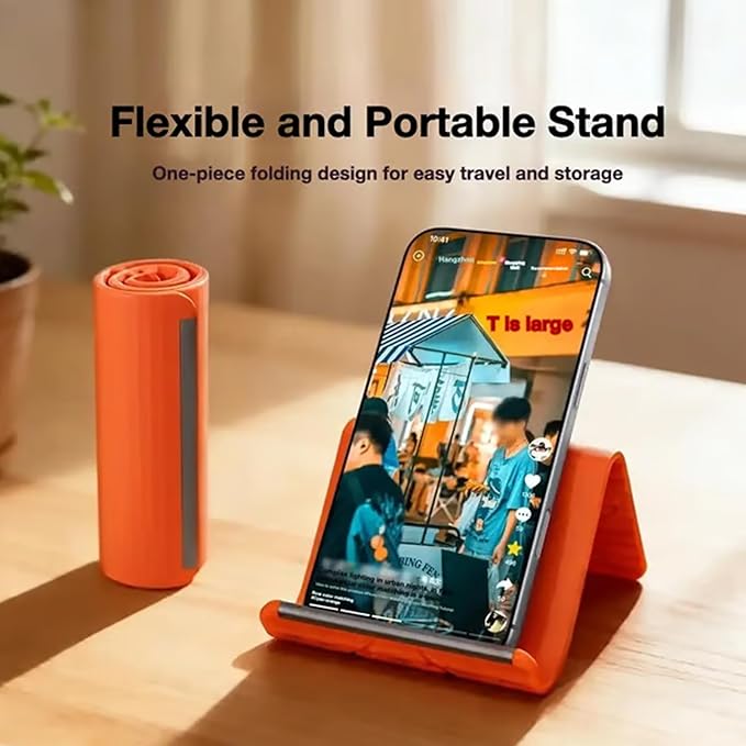 Portable Foldable Silicone Phone Holder, Universal Flexible Cell Phone Stand for Phone & Tablet, Fully Adjustable Cellphone Stand for Desk, Portable Airplane Gadgets Long Travel Essentials (Black)