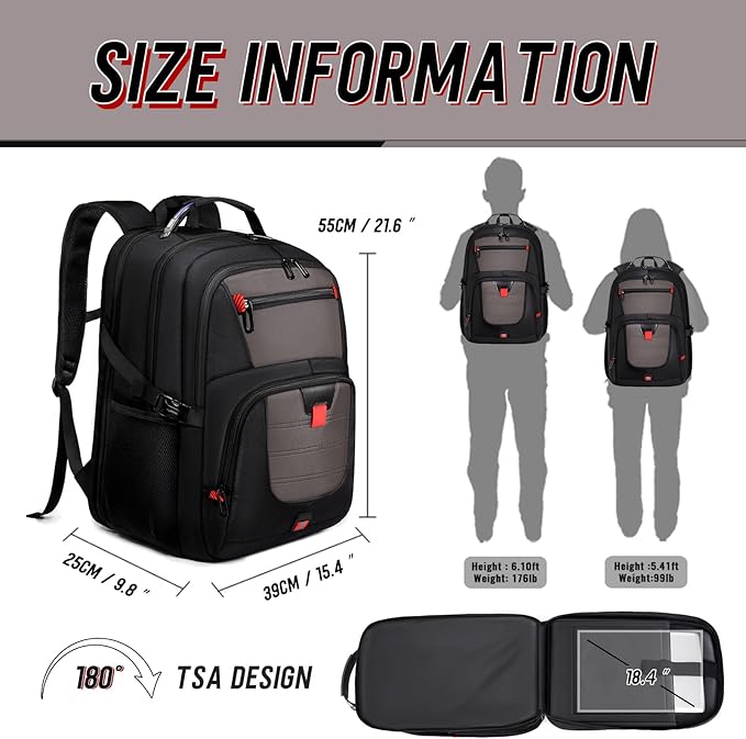 Z-MGKISS 18.4 Large Travel Backpack, USB Computer Bagpack Fits 18.4 Inch Laptop, Business Backpack for Men, TSA Flight Approved, Laptop Backpacks, Grey