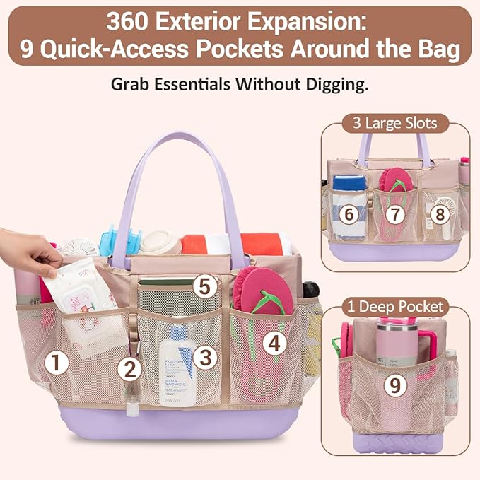 Beach Bag Organizer Compatible with Xl Large Bogg Bag Accessories 9 External Storage Mesh Pockets and Quick-Access Liner 8 Internal Pockets Zipper Pocket for Valuables Water-Resistant Durable Foldable