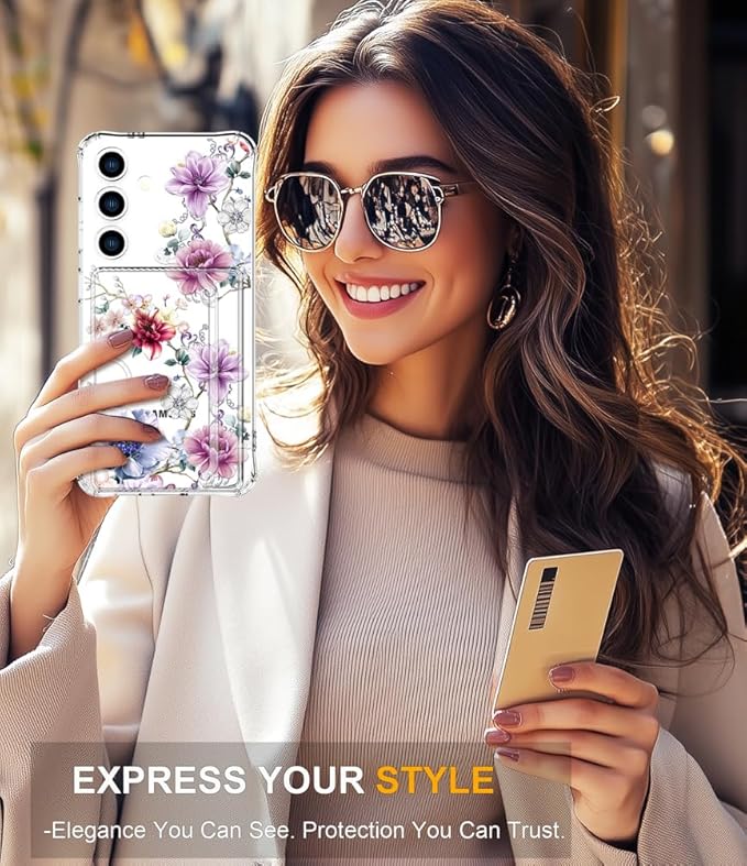 Compatible with Samsung Galaxy S24+ Plus / S25+ Plus Case Card Holder for Women Cute Design,Wallet Phone Cases Transparent Cool Kawaii Protective (Clear Wonderful Large Flowers)