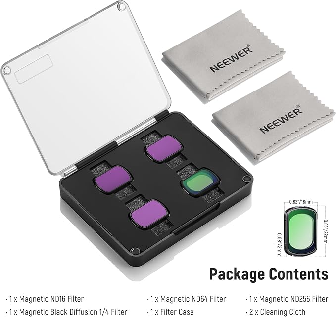 NEEWER Magnetic ND Filter Set Compatible with DJI Osmo Pocket4 Pocket 3 Creator Combo Accessories, 4 Pack Multicoated HD ND16/ND64/ND256/Black Diffusion 1/4 Action Camera Filter + 2X Cleaning Cloth