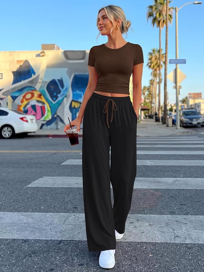 Trendy Queen 2 Piece Matching Summer Lounge Set Womens Side Ruching Top Wide Leg Pants Sets with Pockets