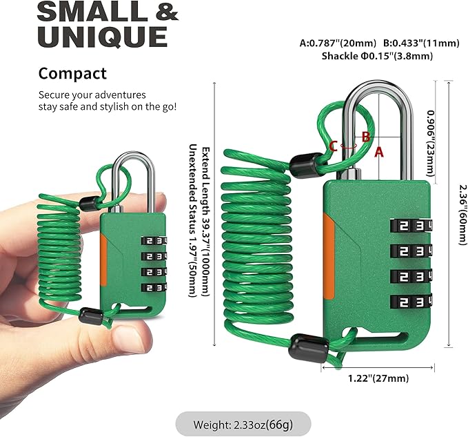 Combo Lock with Retractable Cable (91cm), Cable Padlock Combination, Ski Lock for Outdoor Use, Luggage, Snowboard, Travel Suitcases, Gym Locker, Rridge, Motorcycle Bike Helmet (Green)