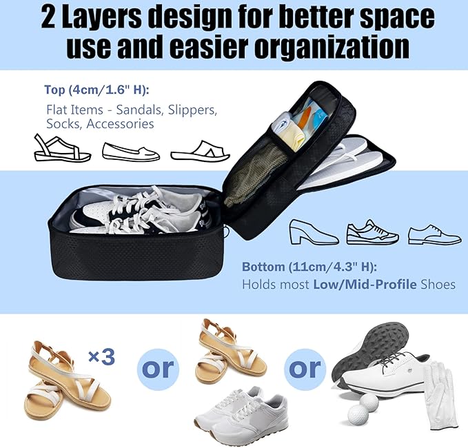 Aosbos 2 Layers Shoe Bags for Travel with Trolley Sleeve Portable Shoe Storage Pouch Shoe Packing Cubes with Structure, Honeycomb Black