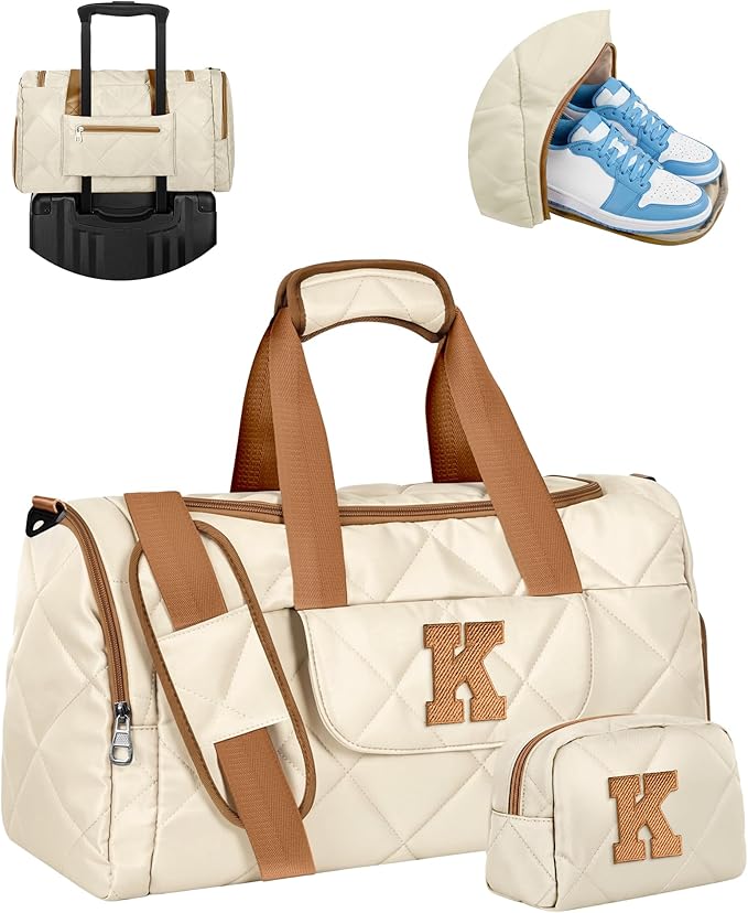 Elilier Mothers Day Gifts for Women, Initial Duffle Bag 2-PC Travel Bag, Gifts for Women, 32L Weekender Gym Bag with Wet Separation, Teacher Appreciation Graduation Gift for Her