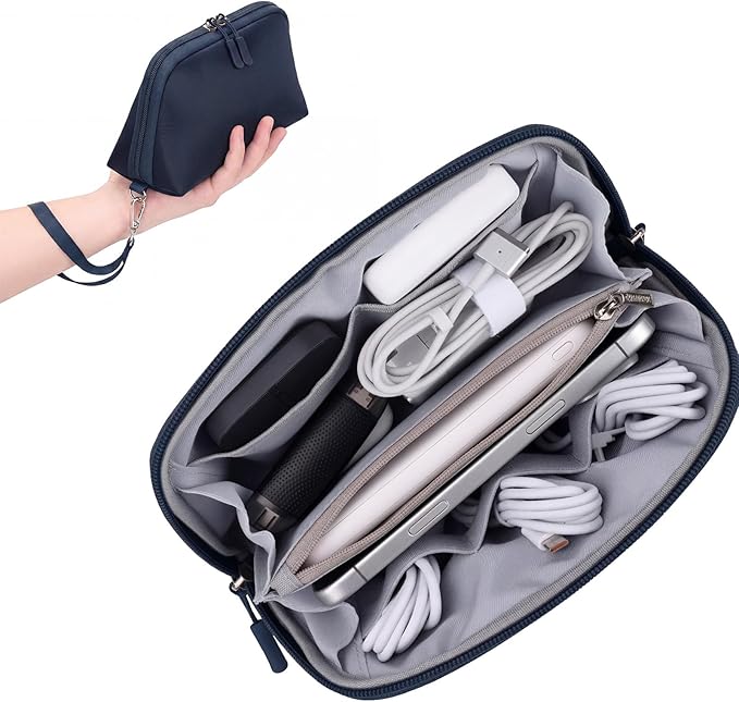 FYY Travel Cable Organizer - 8 Compartments Lightweight Water Resistant Tech Pouch with Wrist Strap, Portable Electronic Accessories Case for Cord Charger Storage for Travel Home Office, Navy (Small)