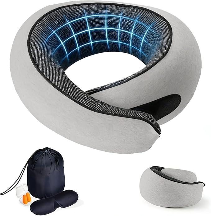 Travel Neck Pillow- 360° Ergonomic Memory Foam Travel Neck Pillow Airplane,Premium Breathable Relief Neck Pain for Long Flights,Car & Office (Gray)