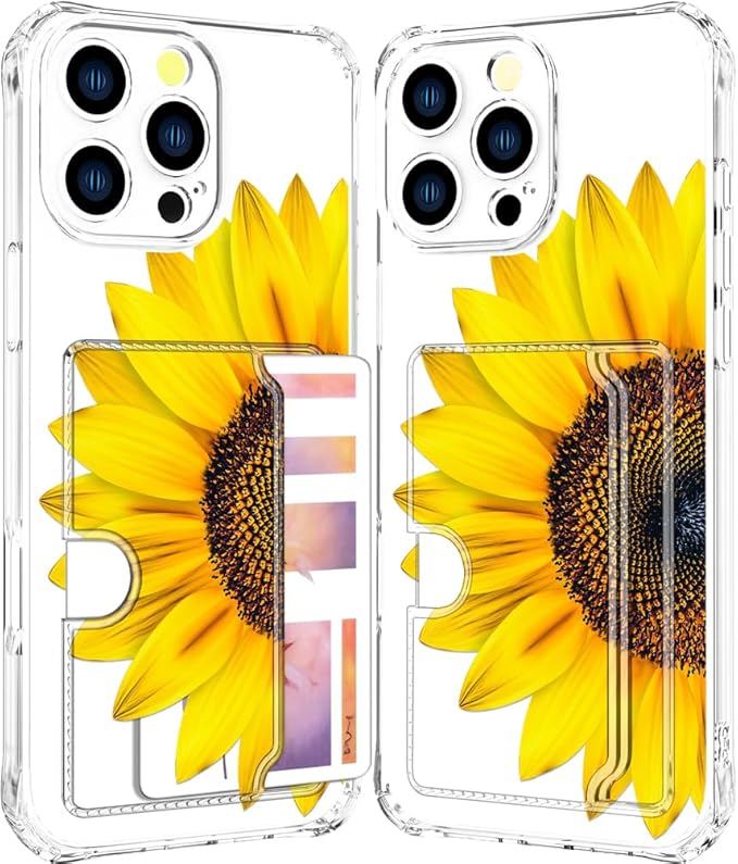 Compatible with iPhone 16 Pro Max Case Card Holder for Women Cute Design,Wallet Phone Cases Transparent Cool Kawaii Protective (Clear Sunflower Sun Flower)