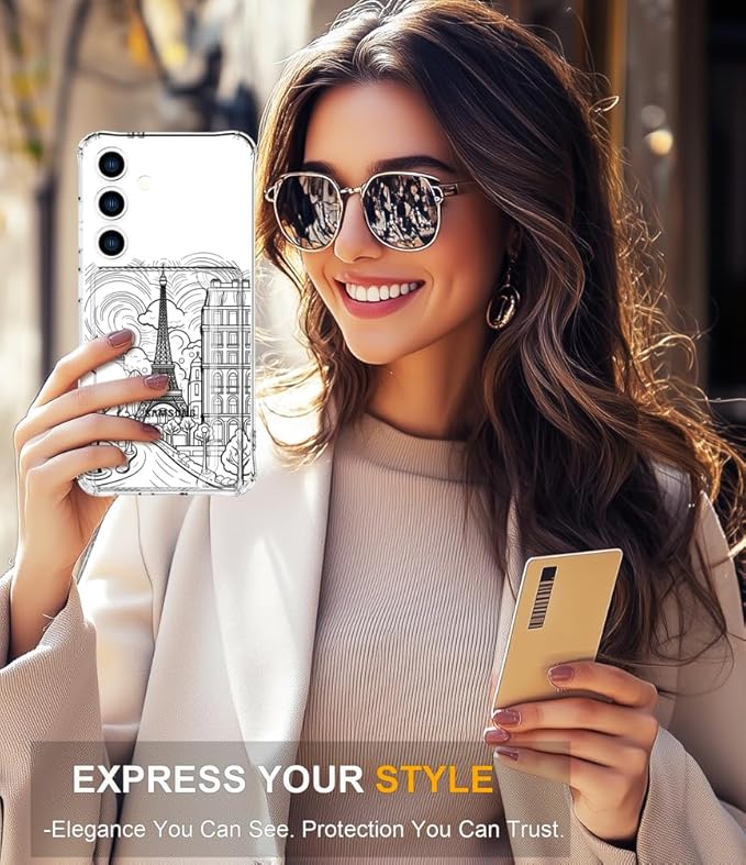 Compatible with Samsung Galaxy S24 / S25 Case Card Holder for Women Cute Design,Wallet Phone Cases Transparent Cool Kawaii Protective (Clear Paris City Eiffel Tower)