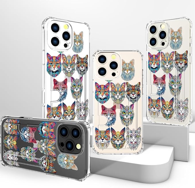 Compatible with iPhone 16 Pro Case Card Holder for Women Cute Design,Wallet Phone Cases Transparent Cool Kawaii Protective (Clear Tattoo Cats Animal)