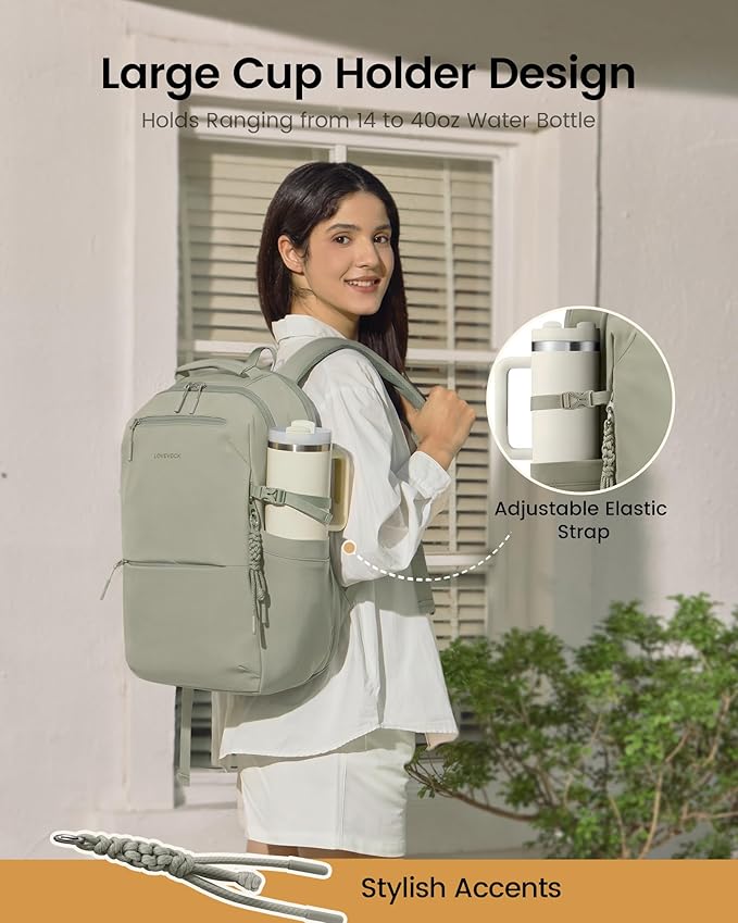 LOVEVOOK Laptop Backpack for Women Men with Giant Tumbler Holder - 17.3Inch Work Computer Travel Backpack with Laptop Compartment, Water Resistant, Cute Commuter College Teacher Nurse Purse Bag,Green