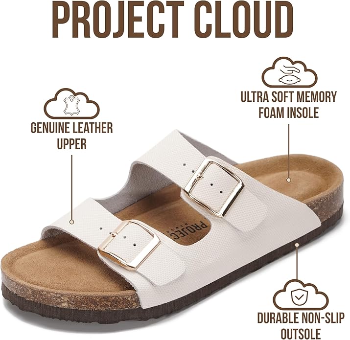 Project Cloud 100% Genuine Leather Flat Sandals For Women 2026 Cork Footbed Womens Sandals with Memory Foam and arch support Vacation Essentials Slides for Women Footwear (Venita)