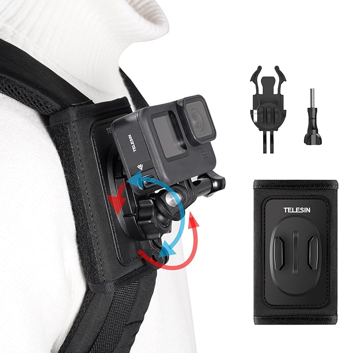 TELESIN 360 Backpack Mount Shoulder Strap Clip Holder Quick Release Adapter Base for GoPro Max 13 12 11 10 Insta360 X5 X4 Ace Pro 2, DJI Osmo Nano Action 6 5 Pro 4 3 Pocket 3 Bike Motorcycle Accessory