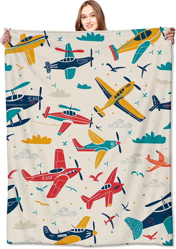 Airplane Blanket Aviation Adventure Colorful Planes and Clouds Throw Blankets Gifts for Kids Boys Lightweight Soft Fleece Cozy for Sofa Couch Bed Room Travel Birthday Party Decor 60x80in