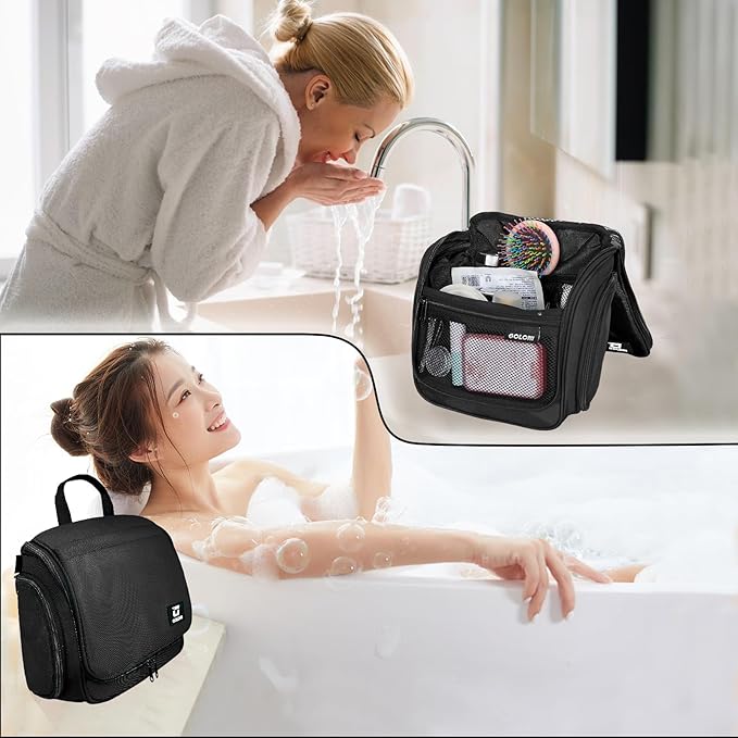 Goloni Hanging Toiletry Bag, 10 Compartments Water-Resistant Makeup Bag with 360° Spinning Metal Hook, Large Travel Cosmetic Organizer for Men & Women, Black (7.05oz)