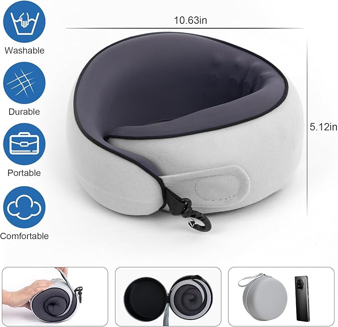 Neck Pain Travel Pillow with 360° Full Support for Rest, Compact Neck Airplane Pillow for Car, Office, Long Flight Kit with Contoured 3D Eye Mask, Earplugs & Portable Storage Box
