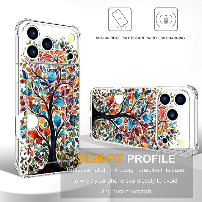 Compatible with iPhone 17 Pro Max Case Card Holder for Women Cute Design,Wallet Phone Cases Transparent Cool Kawaii Protective (Clear Tree Colorful Leaves)