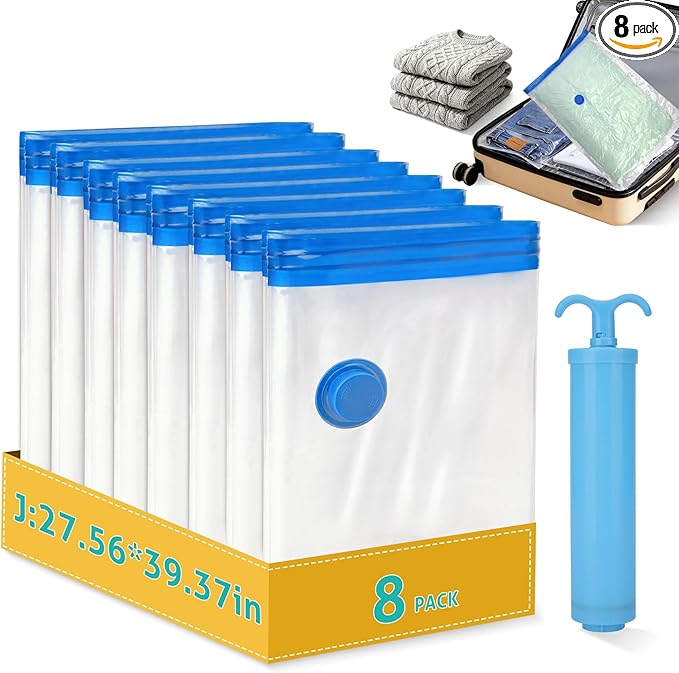 8 Pack Jumbo Travel Vacuum Storage Bags, Portable Vacuum Seal Bags for Clothing Travel with Pump, Space Saver Bag for Luggage Suitcases Clothes Bedding Seasonal Storage