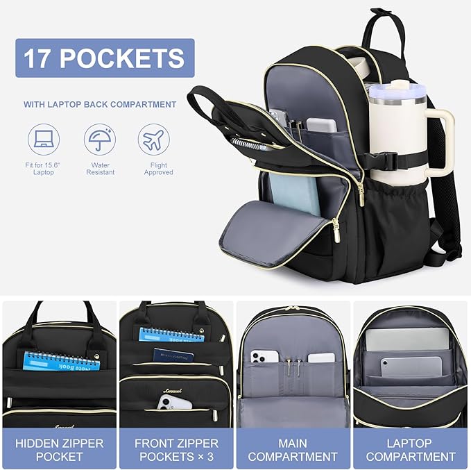 Women Laptop Backpack College Bookbag: 15.6 inch Backpacks with Pouch Pocket for Large Capacity Cup Travel Waterproof Book Bag Anti-theft Casual Work Bookbags for Teacher Nurse Black