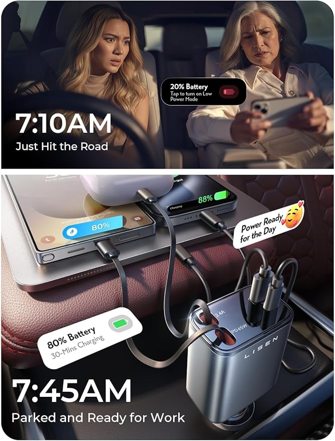 LISEN Retractable Car Charger, Gifts for Mothers Day 2026, 84W Car Charger USB C Fast Charge, Gifts for Mom Dad Him Her, Travel Essentials Car Accessories for Men Women Gifts for iPhone 17 16 15 14 13