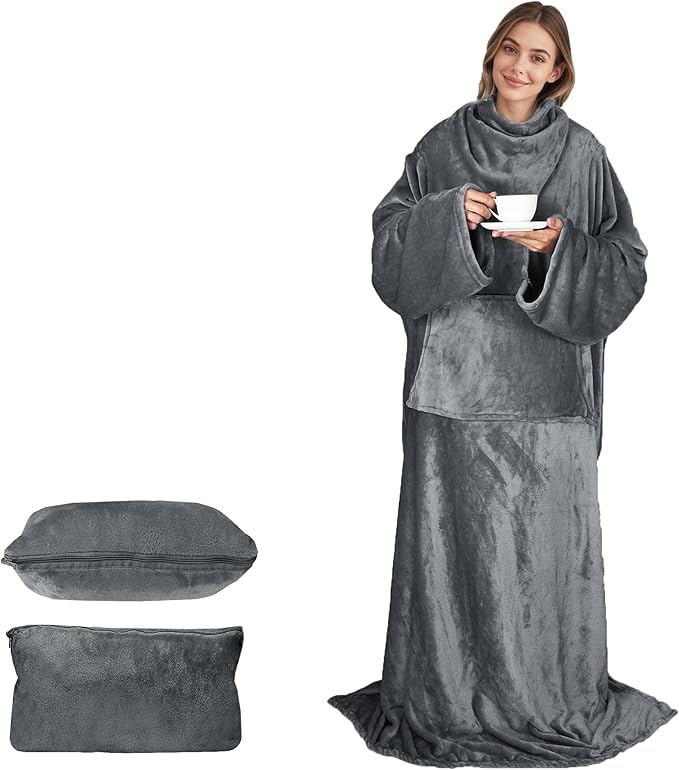 Catalonia Packable Travel Wearable Blanket Pillow with Sleeves for Adults, 2 in 1 Wearable Blanket with Pockets