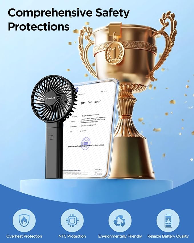 EasyAcc Personal Fans Portable Rechargeable, Washable Guard + Powerful + 180°Foldable + Professional ODM Fan + Durable, 4 Speeds Portable Cooling Fan for Travel Outdoor Office