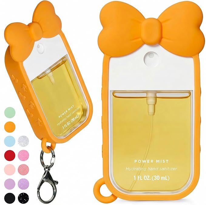 Silicone Bow Case Compatible with Touchland Hand Sanitizer Spray 1 oz (30 mL), Cute Holder with Keychain Clip, Gift for Girls