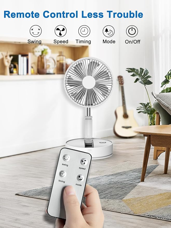 UN UNITEDTIME Oscillating Fan with Remote Control, 7200mAh Rechargeable Battery Operated Travel for Camping, 4 Speed, Timer, Height Adjustment Portable Foldable Fan for Travel, Outdoor, Home (White)