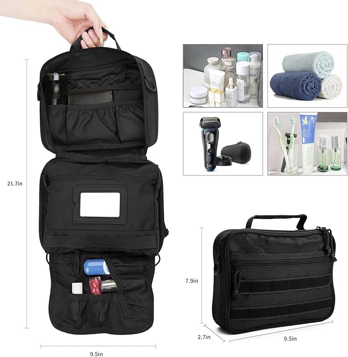 SUNRISING Tactical Travel Toiletry Bag for Men and Women, Hanging Travel Toiletry Organizer Dopp Kit, Toiletries Shaving Hygiene Bathroom Bag,Men's Toiletry Bag for Short Trips Camping - Black
