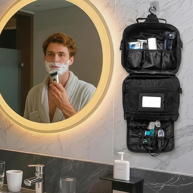 SUNRISING Tactical Travel Toiletry Bag for Men and Women, Hanging Travel Toiletry Organizer Dopp Kit, Toiletries Shaving Hygiene Bathroom Bag,Men's Toiletry Bag for Short Trips Camping - Black