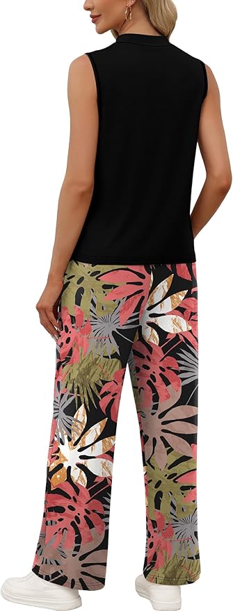 WIHOLL Two Piece Set for Women Summer Spring Outfits Cruise Travel Airport Beach Vacation Mock Neck Wide Leg Pants Set